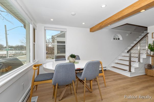 Dining room, Interior, Recessed Lighting, Wooden Beams, Wood Texture Flooring