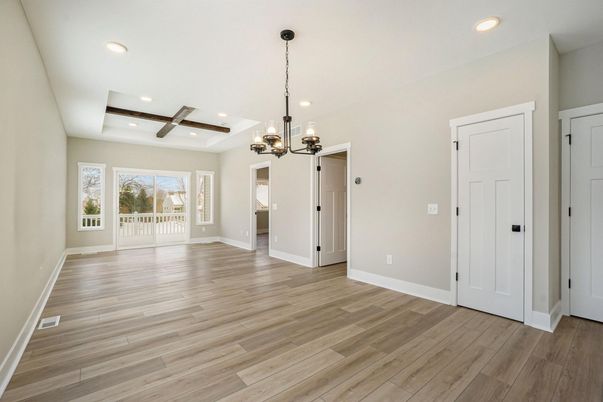 Chandelier, Empty room, Interior, Recessed Lighting, Wood Texture Flooring