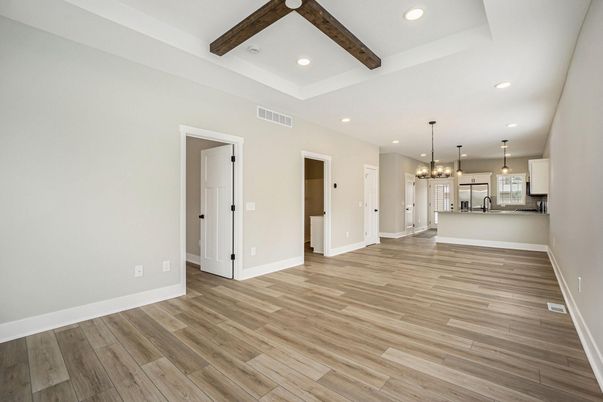 Empty room, Interior, Kitchen, Pendant Lights, Recessed Lighting, Wooden Beams, Wood Texture Flooring