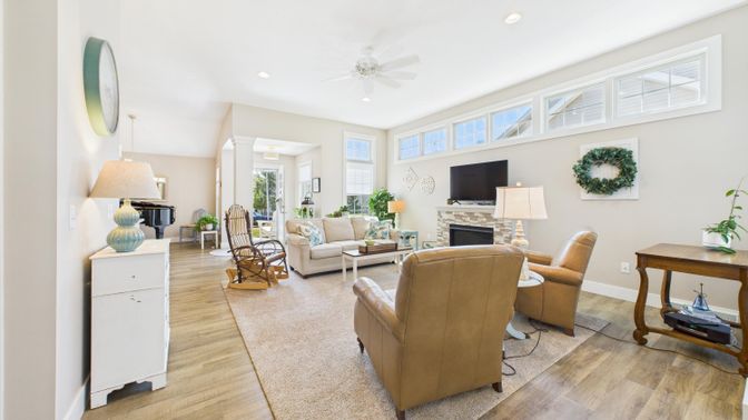 Fireplace, Interior, Living room, Recessed Lighting, Wood Texture Flooring