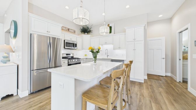 Interior, Kitchen, Pendant Lights, Recessed Lighting, Stainless Steel Appliances, Wood Texture Flooring