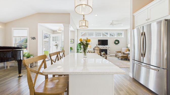 Dining room, Fireplace, Interior, Kitchen, Living room, Pendant Lights, Piano, Recessed Lighting, Stainless Steel Appliances, Wood Texture Flooring