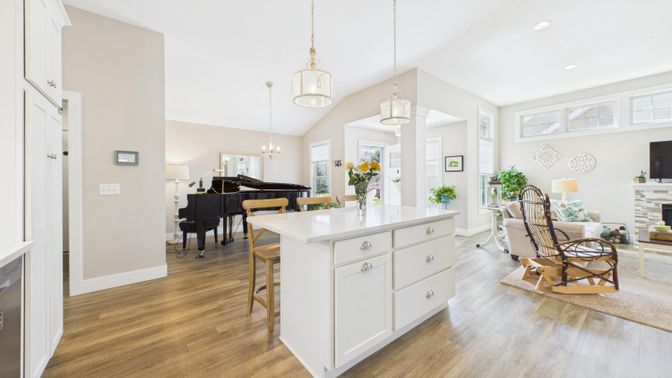 Fireplace, Interior, Living room, Pendant Lights, Piano, Recessed Lighting, Wood Texture Flooring