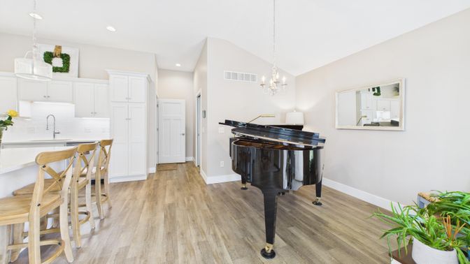 Interior, Kitchen, Pendant Lights, Piano, Recessed Lighting, Wood Texture Flooring