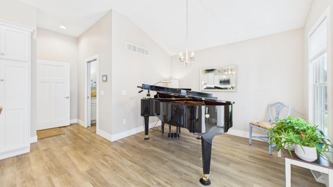 Chandelier, Interior, Pendant Lights, Piano, Recessed Lighting, Wood Texture Flooring