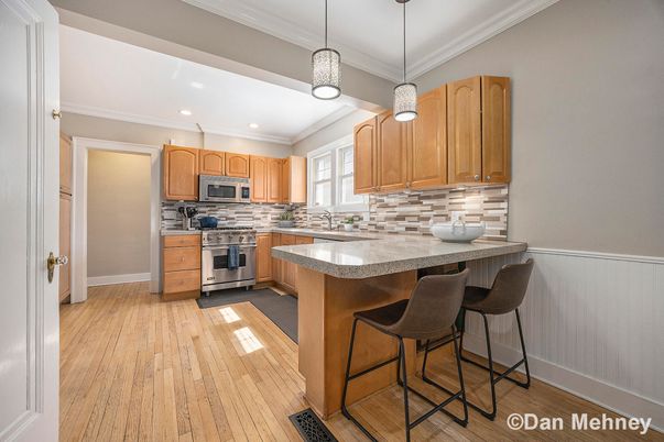 Interior, Kitchen, Pendant Lights, Recessed Lighting, Stainless Steel Appliances, Wood Texture Flooring