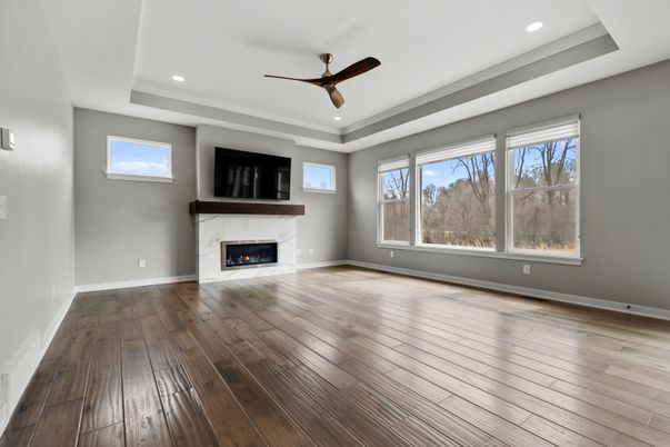 Empty room, Fireplace, Interior, Recessed Lighting, Wood Texture Flooring