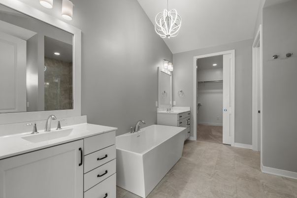 Bathroom, Dual Sink Vanities, Free Standing Baths, Interior, Pendant Lights, Recessed Lighting