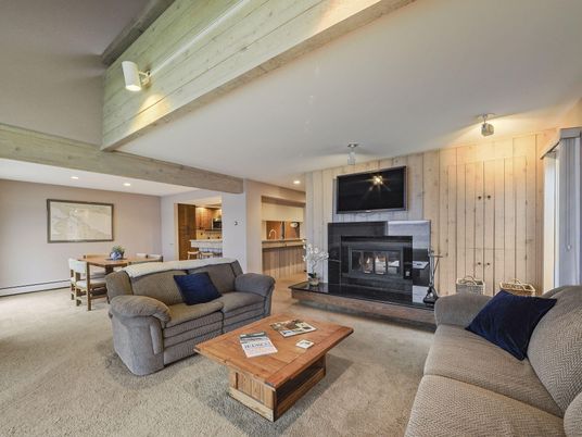Dining room, Fireplace, Interior, Living room, Recessed Lighting, Wooden Beams