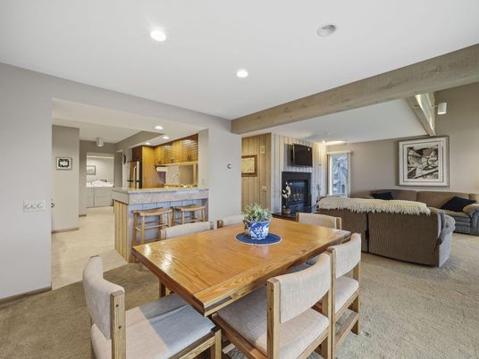 Dining room, Fireplace, Interior, Kitchen, Living room, Recessed Lighting, Wooden Beams