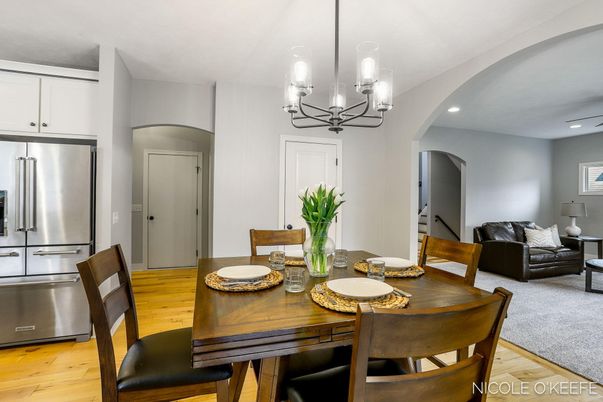 Chandelier, Dining room, Interior, Kitchen, Recessed Lighting, Stainless Steel Appliances, Wood Texture Flooring