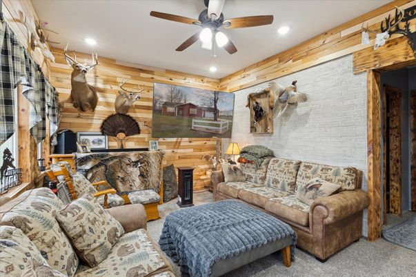 Fireplace, Interior, Living room, Recessed Lighting, Stone Walls, Wooden Walls