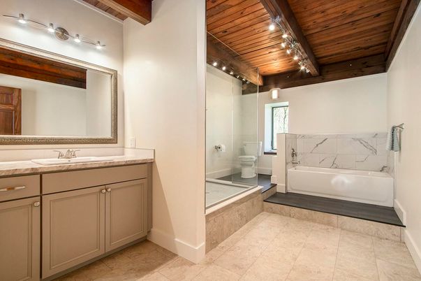 Bathroom, Glass Shower, Interior, Marble Walls, Wooden Beams, Wooden Ceilings