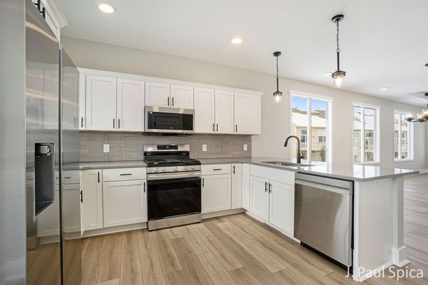Interior, Kitchen, Pendant Lights, Recessed Lighting, Stainless Steel Appliances, Wood Texture Flooring