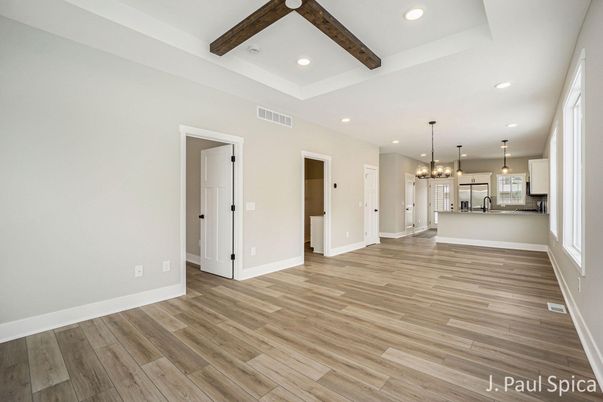 Empty room, Interior, Kitchen, Pendant Lights, Recessed Lighting, Wooden Beams, Wood Texture Flooring
