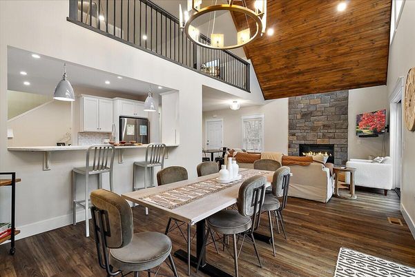 Dining room, Fireplace, Interior, Kitchen, Living room, Pendant Lights, Recessed Lighting, Stone Walls, Wooden Ceilings, Wood Texture Flooring