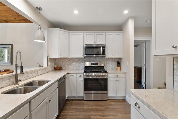 Interior, Kitchen, Pendant Lights, Recessed Lighting, Stainless Steel Appliances, Wood Texture Flooring