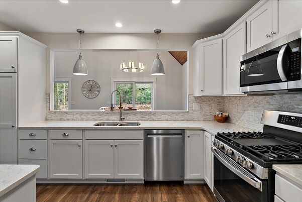 Interior, Kitchen, Pendant Lights, Recessed Lighting, Stainless Steel Appliances, Wood Texture Flooring