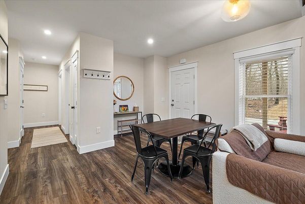 Dining room, Interior, Recessed Lighting, Wood Texture Flooring
