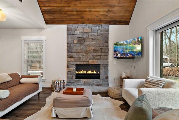 Fireplace, Interior, Living room, Stone Walls, Wooden Ceilings, Wood Texture Flooring