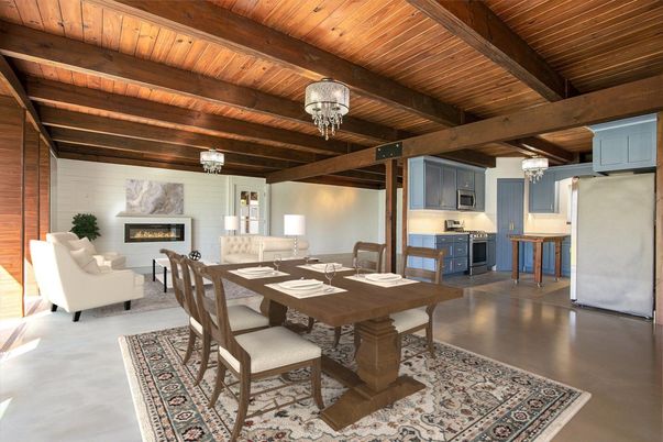 Chandelier, Dining room, Fireplace, Interior, Kitchen, Living room, Wooden Beams, Wooden Ceilings