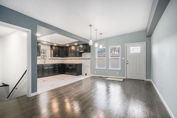 Interior, Kitchen, Marble, Marble Walls, Pendant Lights, Recessed Lighting, Wood Texture Flooring