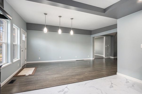 Empty room, Interior, Marble, Pendant Lights, Wood Texture Flooring