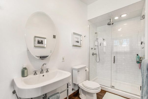 Bathroom, Glass Shower, Interior, Recessed Lighting, Wood Texture Flooring