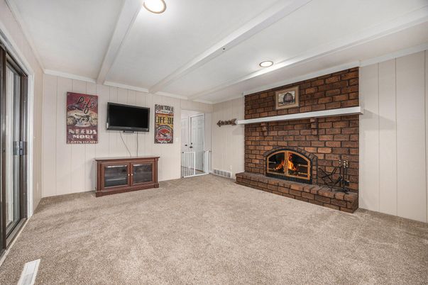 Fireplace, Interior, Recessed Lighting, Stone Walls
