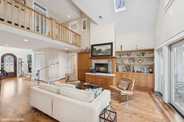 Fireplace, Interior, Living room, Recessed Lighting, Wood Texture Flooring