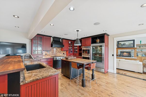Fireplace, Interior, Kitchen, Living room, Pendant Lights, Recessed Lighting, Wood Texture Flooring