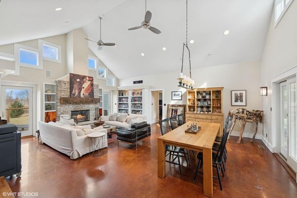 Chandelier, Dining room, Fireplace, Interior, Living room, Recessed Lighting