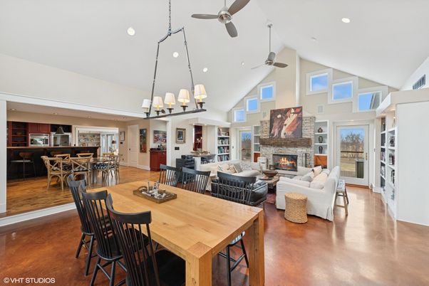 Chandelier, Dining room, Fireplace, Interior, Kitchen, Living room, Pendant Lights, Recessed Lighting, Wood Texture Flooring
