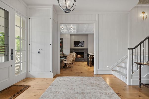 Fireplace, Interior, Pendant Lights, Wood Texture Flooring