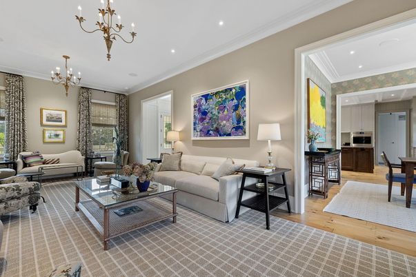 Chandelier, Dining room, Interior, Kitchen, Living room, Recessed Lighting, Stainless Steel Appliances, Wood Texture Flooring