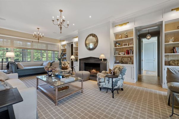 Chandelier, Fireplace, Interior, Living room, Recessed Lighting, Wood Texture Flooring