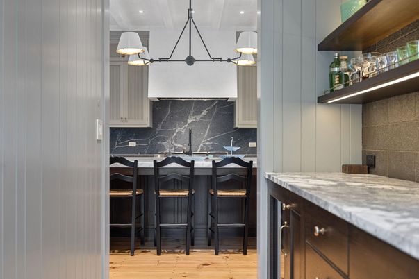 Interior, Kitchen, Marble Walls, Pendant Lights, Wood Texture Flooring