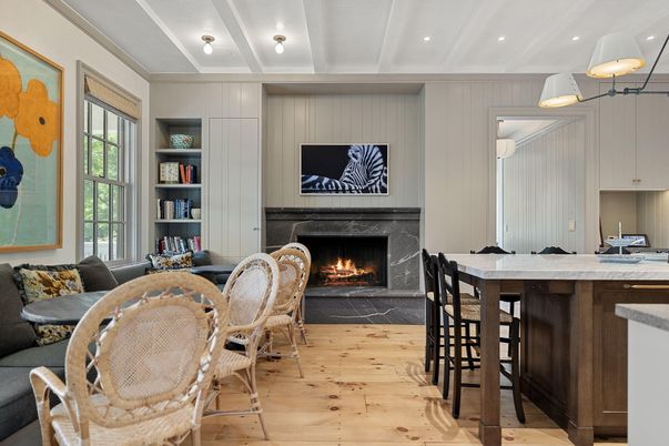 Dining room, Fireplace, Interior, Pendant Lights, Recessed Lighting, Wood Texture Flooring