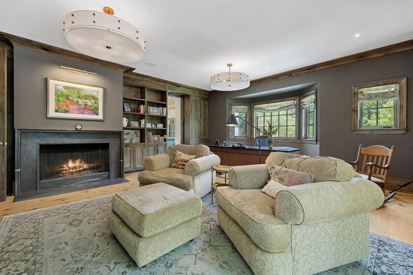 Dining room, Fireplace, Interior, Living room, Recessed Lighting, Wood Texture Flooring