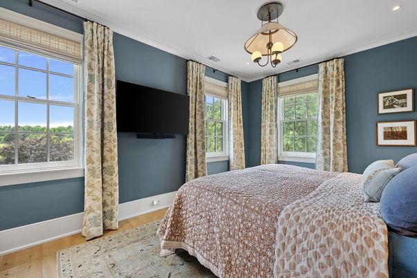 Bedroom, Chandelier, Interior, Recessed Lighting, Wood Texture Flooring