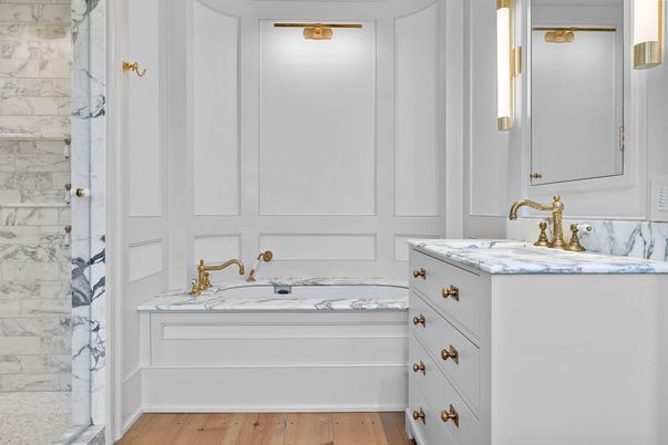 Bathroom, Interior, Marble Walls, Wood Texture Flooring