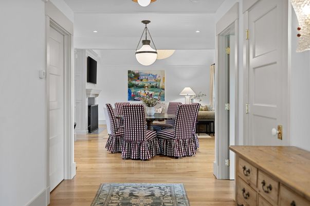 Dining room, Fireplace, Interior, Pendant Lights, Recessed Lighting, Wood Texture Flooring