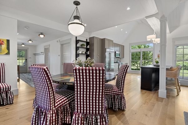 Dining room, Interior, Kitchen, Pendant Lights, Recessed Lighting, Wood Texture Flooring