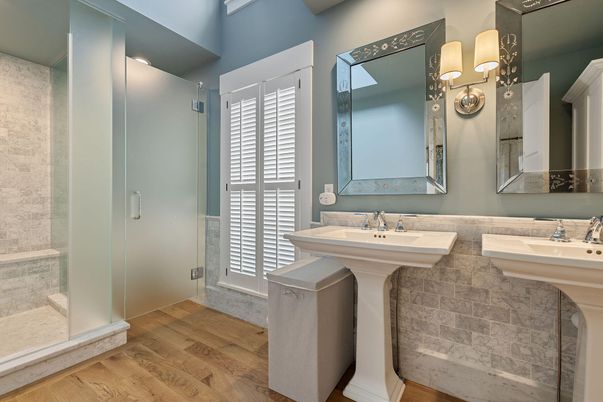 Bathroom, Dual Sink Vanities, Glass Shower, Interior, Wood Texture Flooring