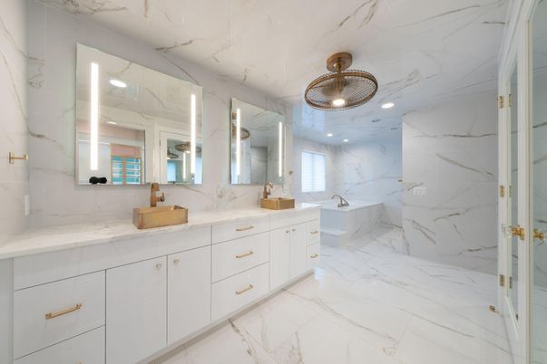 Bathroom, Dual Sink Vanities, Interior, Marble, Marble Walls, Recessed Lighting
