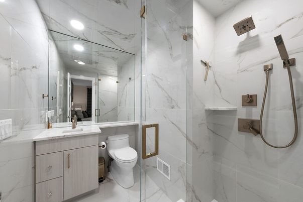 Bathroom, Glass Shower, Interior, Marble, Marble Walls, Recessed Lighting