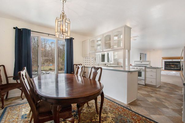 Dining room, Fireplace, Interior, Kitchen, Pendant Lights