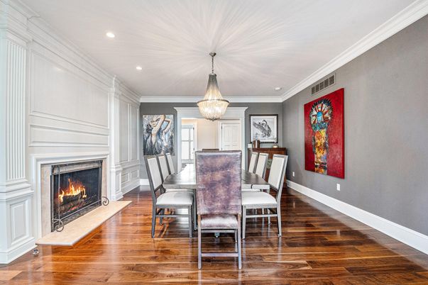 Dining room, Fireplace, Interior, Pendant Lights, Recessed Lighting, Wood Texture Flooring