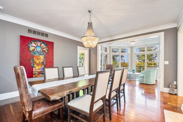 Dining room, Interior, Pendant Lights, Wood Texture Flooring
