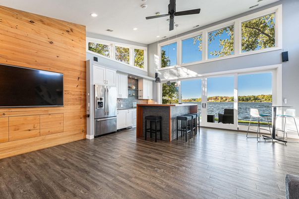 Interior, Kitchen, Pendant Lights, Recessed Lighting, Water, Wood Texture Flooring